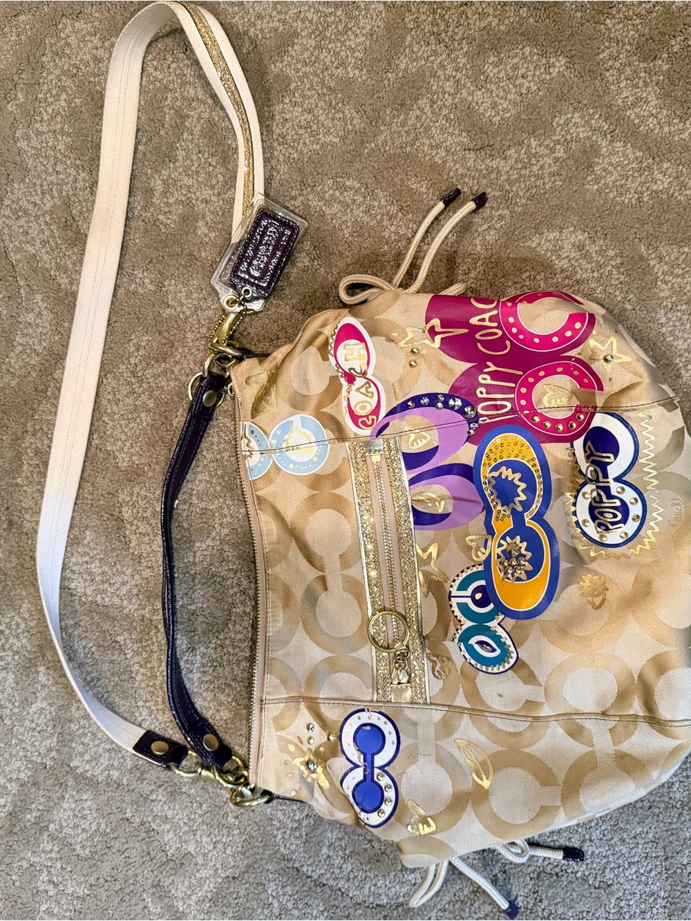 Authentic Coach Beige Signature Sling Bag with Colorful Patches
